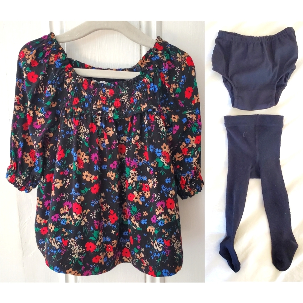 baby GAP Smocked Floral Dress w/ Bloomers and Old Navy tights 0-3 M Girl